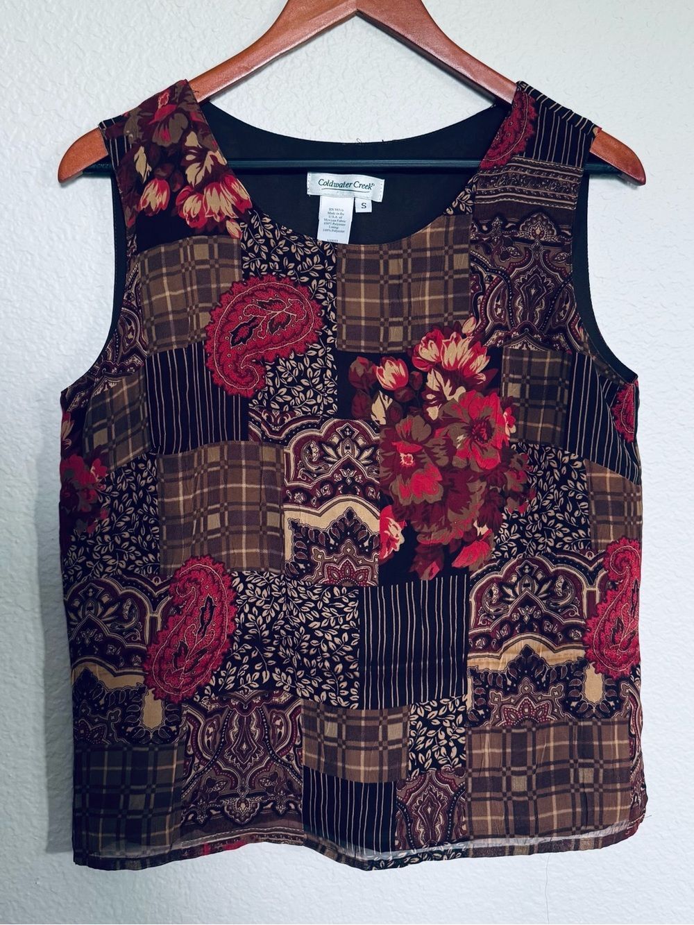 Coldwater Creek Brown Red Paisley Floral Patchwork Sleeveless Blouse Top S
